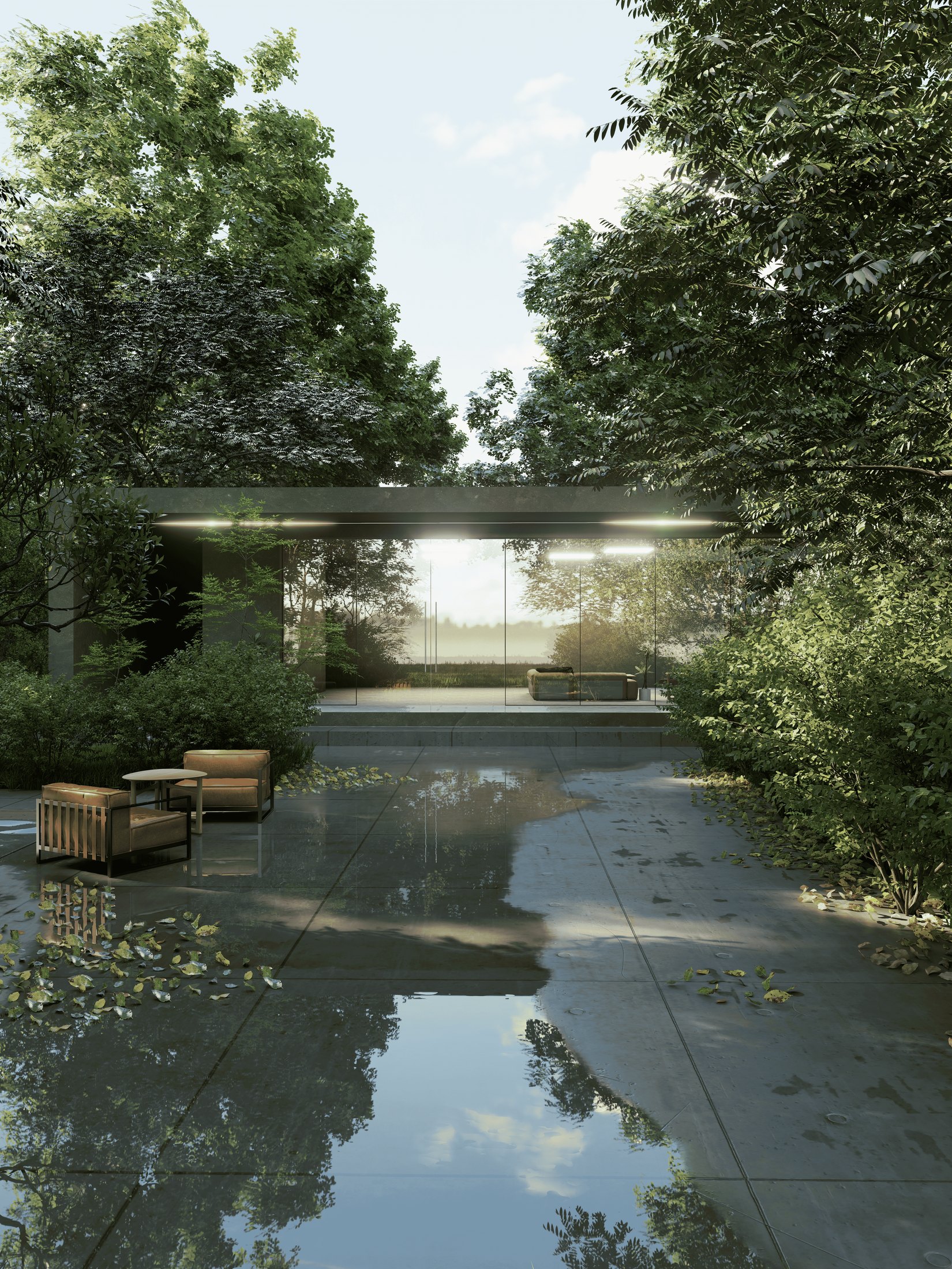 Render arquitectónico de CRUDO con vegetación, vidrio y reflejos